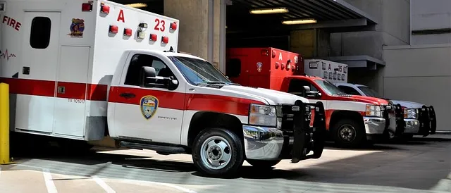 Ambulances parked at a hospital emergency bay